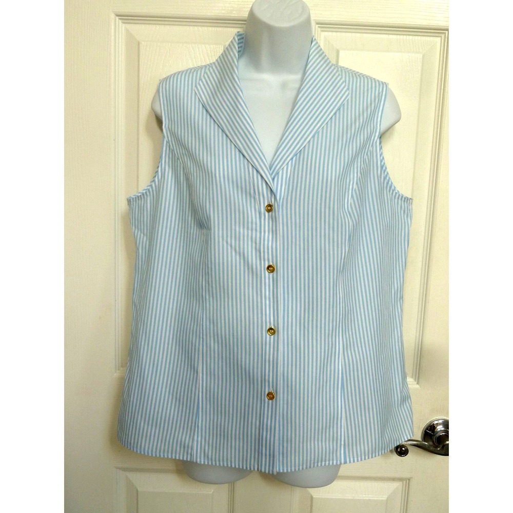 Jones New York Sz 12 Blue White Striped Non-Iron Sleeveless Blouse Nautical Top